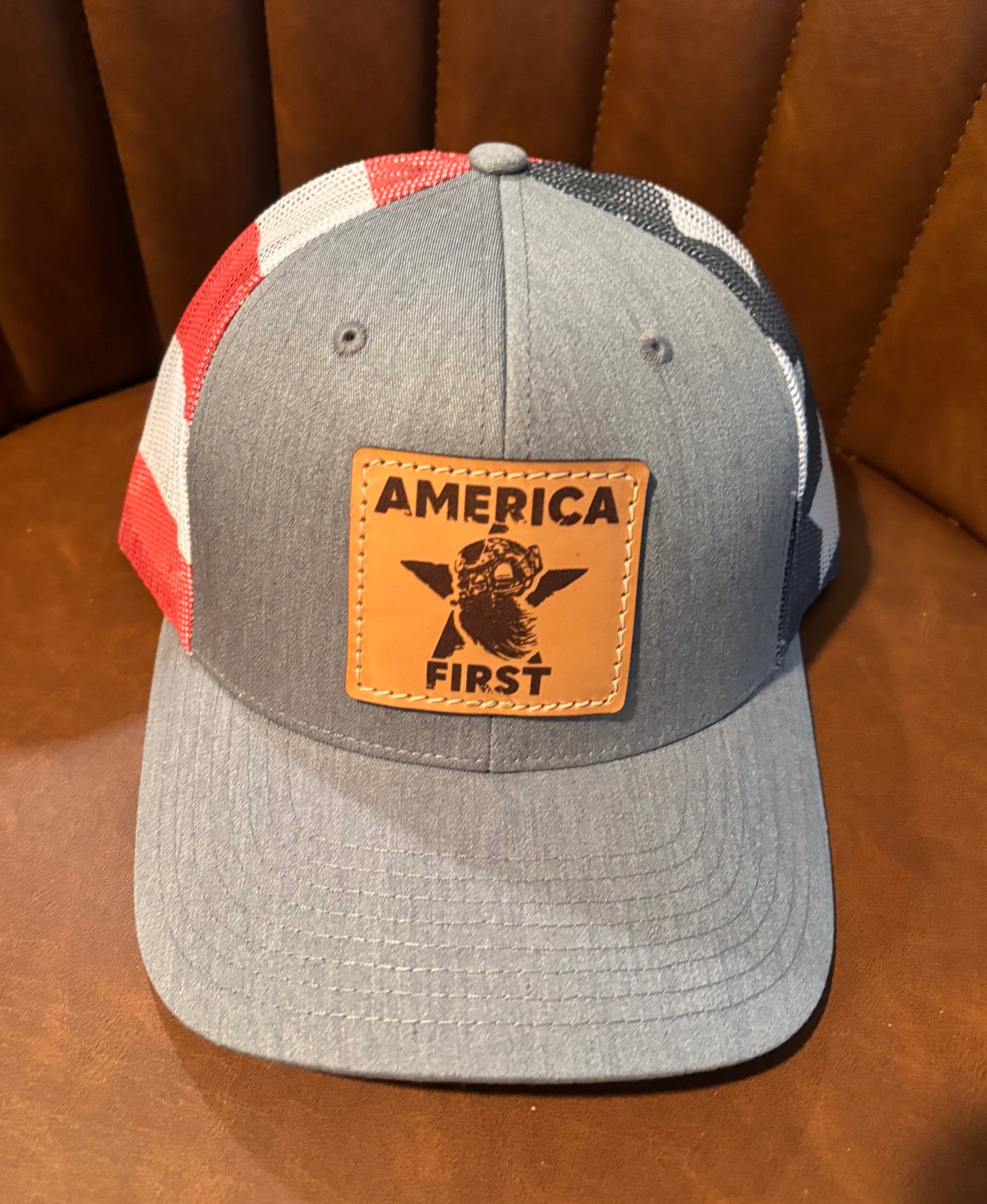 America First Flag Snapback Hat Leather Logo